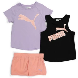 PUMA Little Girls 3 Piece Bike Crew Neck Tee Short Set, Light Lavender, Size 5 - Picture 1 of 6