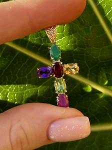 9ct Yellow Gold Assorted Gemstone Cluster Cross Pendant Hallmarked - Picture 1 of 4