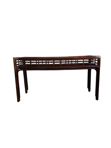 Vintage Rattan Console Table with Fretwork & Glass Top Cover