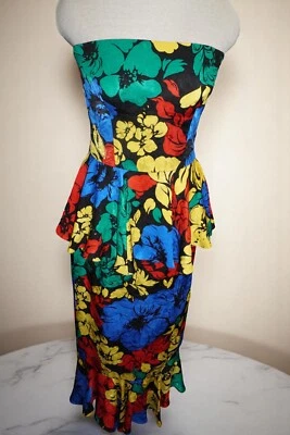 Vintage Mr. Blackwell 100% Silk Strapless Peplum Wiggle Dress – Multicolor Flora - Image 1 of 4