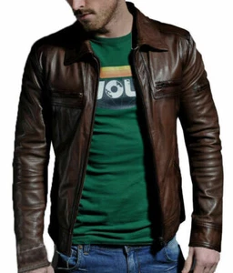 MENS BROWN BIKER REAL LEATHER JACKET VINTAGE SLIM FIT RETRO MOTORCYCLE JACKET - Picture 1 of 2