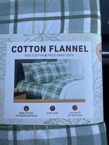 Flannel Sheet 6 Piece Set Sage Plaid 100% Cotton Flannel. New In Matching Bag - Picture 1 of 6