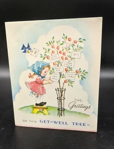 Unsigned Vintage Wallace Brown Greeting Card GET WELL Tree Girl Bluebird wishes - Picture 1 of 8