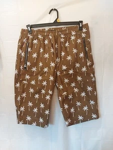 Encrypted Men's L Palm tree bermuda Shorts brown drawstrings relax fit pocket - Picture 1 of 11