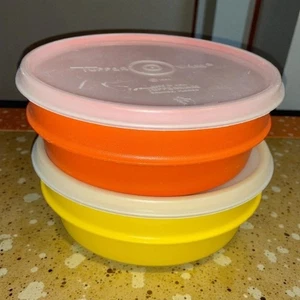 Tupperware 1356 Stackable Bowls Lids Set 2 Harvest Orange Yellow Cereal Vintage - Picture 1 of 16