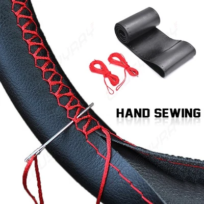 Car Auto DIY Black Genuine Leather Steering Wheel Cover Wrap Sew-on Kit 37-38cm - Image 1 of 4