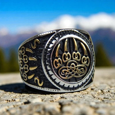Bear Claw Signet Ring Mens Gold Silver 316L Stainless Steel Band - Image 1 of 4