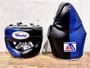 Winning Boxing Head gear FG-5000 and Cup Protector CPS-500 Navy Black size L Set - Picture 1 of 2