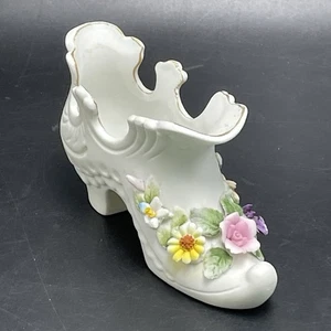 Lefton China Hand Painted White Porcelain Bisque Shoe Pink Roses #KW1204 Japan - Picture 1 of 12
