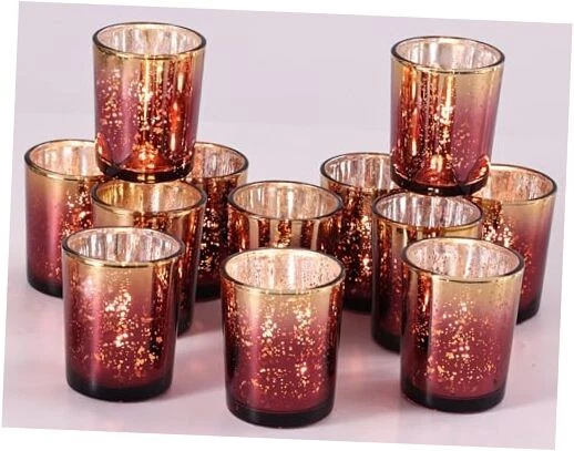  Juego de 12 Candelabros Votivos Borgoña, Motas Vidrio Mercurio Borgoña + Oro Foto 1 de 4