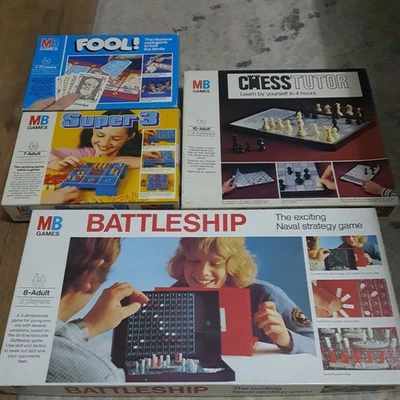 Vintage MB Games Board Game Bundle  battleship, super 3 ,fool, chess tutor  - Image 1 of 4