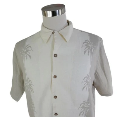 Pussers Mens Linen Button Up Beige Palm Trees Hawaiian Dress Shirt Medium - Image 1 of 4