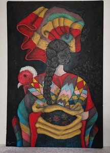 ORIGINAL ÖLGEMÄLDE MODERNIST SYMBOLIK BUNT SIGNIERT AUGE VOGEL MÄDCHEN BLUMEN - Bild 1 von 1