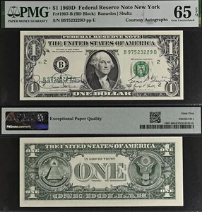1969D $1 Federal Reserve Note - PMG 65EPQ - Dual Autograph - Banuelos / Shultz - Picture 1 of 4