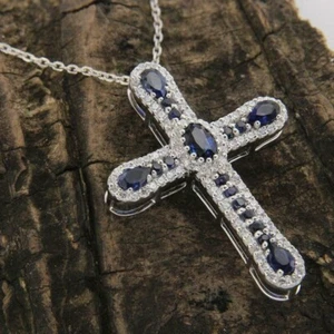 3.50 Ct Oval Cut Simulated Blue Sapphire Cross Pendant 14K White Gold Plated - Picture 1 of 4