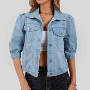 Women cropped 3/4 sleeve denim jacket light blue size small - Picture 1 of 4