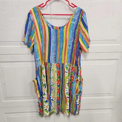 Jams World Vintage USA Babydoll Dress XL Vibrant Floral Stripes Unique Artsy  - Image 1 of 4