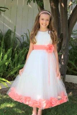 Wedding Pageant Floral Rose Petals White Flower Girl Dress Graduation Tulle #007 - Image 1 of 4