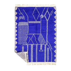 Moroccan Handmade Beniourain Rug 6'1x8'2 Berber Abstract Blue Wool Carpet - Picture 1 of 11