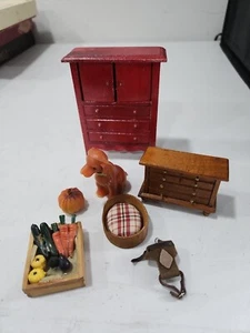 MINIATURE WOODEN DOLL HOUSE FURNITURE LOT ; 2 Dressers, Pumpkin, Dog,... - Picture 1 of 10