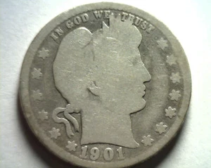 1901 BARBER QUARTER DOLLAR ABOUT GOOD / GOOD AG/G NICE ORIGINAL COIN 99c SHIP - Picture 1 of 2