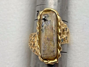 14kt Yellow Gold ~ 8mm x 21mm High Domed Australian Opal Diamond Ring Size 71/2 - Picture 1 of 11
