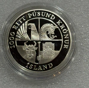 2000 ICELAND 1000 KRONUR SILVER PF Coin LEIF ERICKSON - .7734 oz. SILVER - Picture 1 of 2