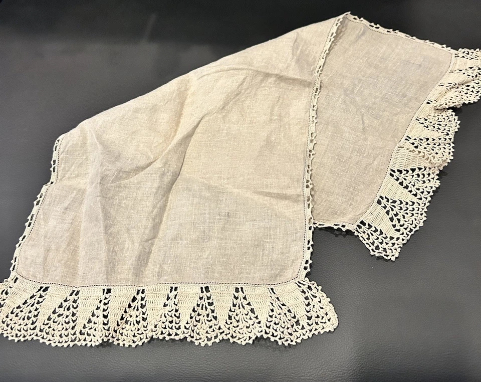 Vintage Ecru Linho Natural Bordado Feito à Mão Corredor de Mesa Francês Guardanapo 12x24" - Imagem 1 de 4