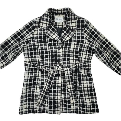 Abrigo para mujer Oleg Cassini 2X mezcla de lana a cuadros negro blanco tweed forrado con cinturón Foto 1 de 4