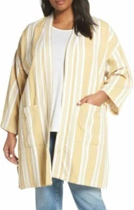 Eileen Fisher Yellow Organic Cotton Gauze Kimono Striped Coat Jacket Sz L/ XL - Picture 1 of 6