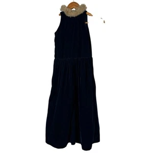 Janie And Jack Kids Blue Velvet Jumpsuit Romper Faux Fur Collar Size 7 - Picture 1 of 7