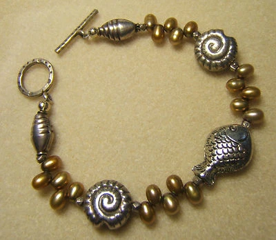Sterling Silver Pearl and Silver Tone Seaside Fish Shell Bracelet Artisan NEW - Image 1 of 3