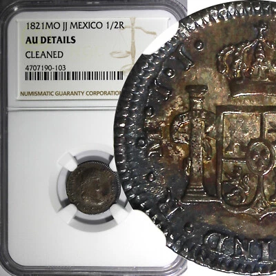 Mexico SPANISH Fernando VII Silver 1821 MO JJ 1/2 Real NGC AU DET. KM# 74 (103) - Image 1 of 4