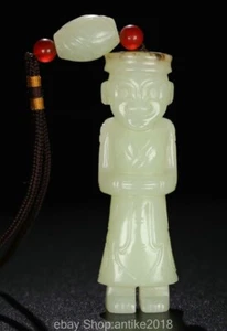 3.6" Old Chinese Natural Hetian White Jade Carving People Statue Pendant - Picture 1 of 9