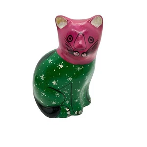 Cat Decor Pink Green Mexican Folk Art Clay Pottery Figurine Hand Painted - Picture 1 of 13