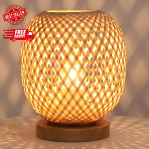 Dimmable Rattan Table Lamp Bamboo Woven Handmade Boho beside Lamp,Small Wicker D - Picture 1 of 7
