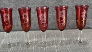 195s Set Of 5 Red Cranberry Cordial Glasses Etched - Picture 1 of 6