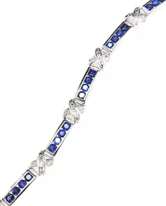 Designer Signed 925 Sterling Silver X Cross Blue Stone Bar Link Tennis Bracelet - Picture 1 of 7