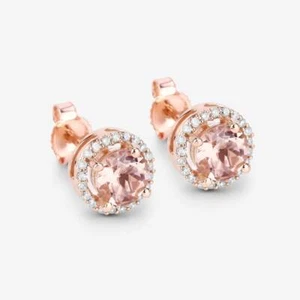 14k Rose Gold Natural Morganite and Diamonds Halo Women Dainty Studs Earrings - Picture 1 of 5