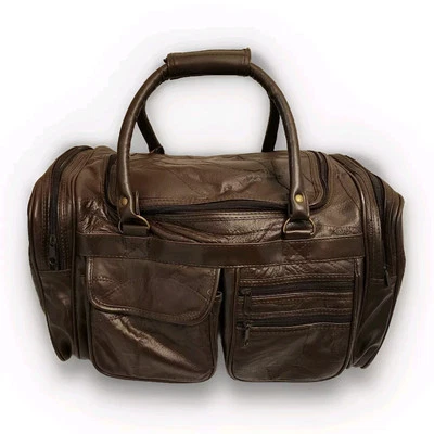 Коричневый искусственной кожи ручная кладь сумка, большой путешествий вещевой с несколькими карманами, ручка - Изображение 1 из 4