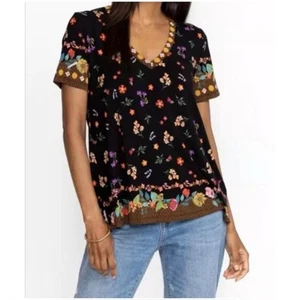 Johnny Was Women’s Sz XS Black Floral Short Sleeve Top Janie Favorite Swing - Picture 1 of 15