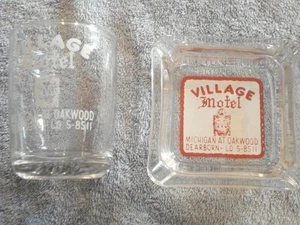 VINTAGE VILLAGE MOTEL OF DEARBORN GLASS ASHTRAY AND 3 1/2" GLASS - Picture 1 of 5