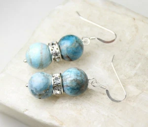 Apatite Blue 10mm Ball Gemstone & Rhinestone 925 Sterling Silver Earrings 1 1/2" - Picture 1 of 5