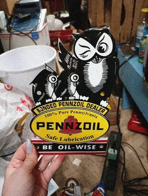 Porcelain Owls Pennzoil Safe Lubrication Sign 100% Pure Pennsylvania - Image 1 of 4