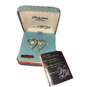 Vintage 1950 MCM Van Dell Brooch 1/20 12k Double Heart Rhinestone NIB - Picture 1 of 6