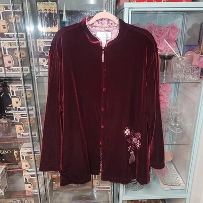 Susan Graver Velvet Jacket XL Burgundy Button Front Floral Lined Long Sleeve  - Image 1 of 4