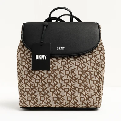 NWT DKNY Bryant Signature Backpack Bag Brown Beige Monogram Logo Flap Closure - Image 1 of 4