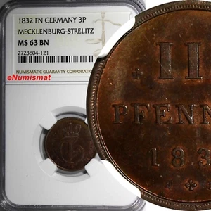 Germany MECKLENBURG-STRELITZ 1832 FN 3 Pfennig NGC MS63 BN TOP GRADE KM#80 (121) - Picture 1 of 4