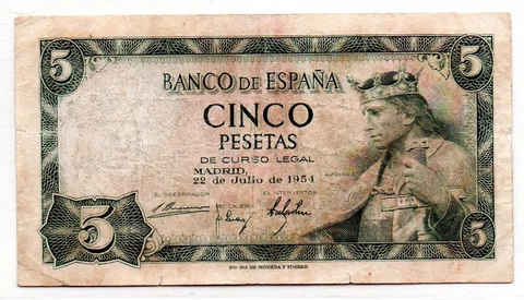Spain F/VF Note 5 Pesetas 1954 P-146 (Low Shipping) Cover