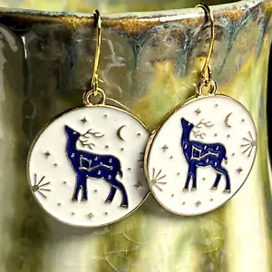 Gold Tone French Hook Blue Reindeer in Snowy Forest Charm Dangle Earrings. S868 - Picture 1 of 3